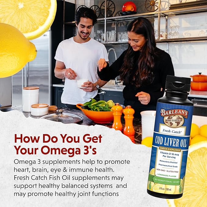 Barlean's Cod Liver Oil Liquid Supplement, Omega 3 Fish Oil with 900mg EPA and DHA Plus Vitamin D, Supplements for Joint, Brain, and Heart Health Support, Lemonade Flavor, 8 oz