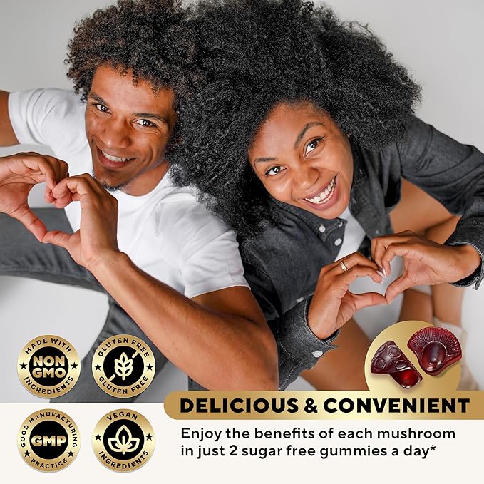 Mushroom Gummies for Adults - USA Made 10 in 1 Mushroom Supplement - Mushroom Complex with Lions Mane, Cordyceps, Turkey Tail, Reishi, Shiitake for Cognitive & Immune Support - 60 Count