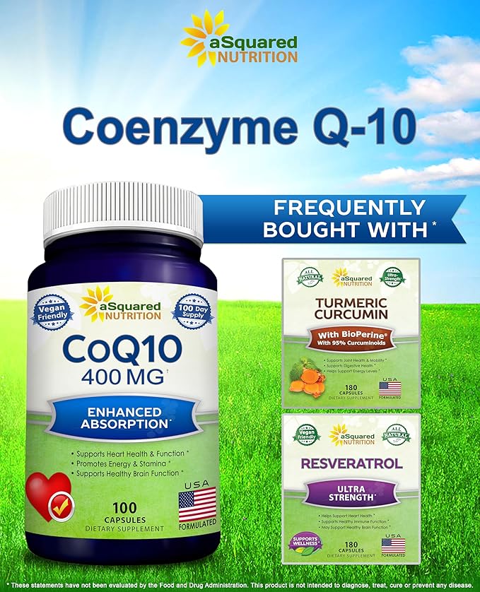 aSquared Nutrition CoQ10 (400mg Max Strength, 100 Veggie Capsules) - High Absorption Coenzyme Q10 Powder - Ubiquinone Supplement Pills, Extra Antioxidant CO Q-10 Enzyme Vitamin Tablets, Coq 10 400 mg