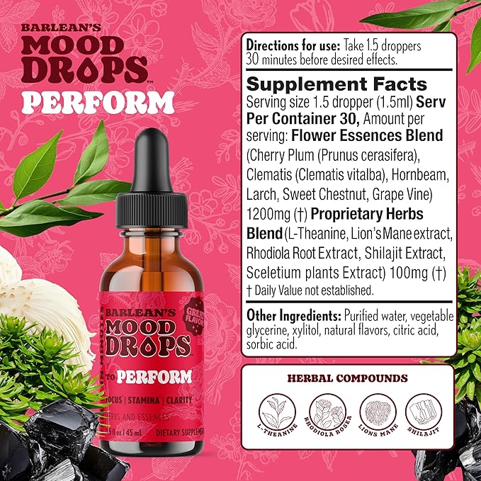 Barlean's Mood Booster Supplement, Perform L Theanine and Shilajit Liquid Drop Supplements for Men and Women, Adaptogen Herbs Drops, 1.5 oz