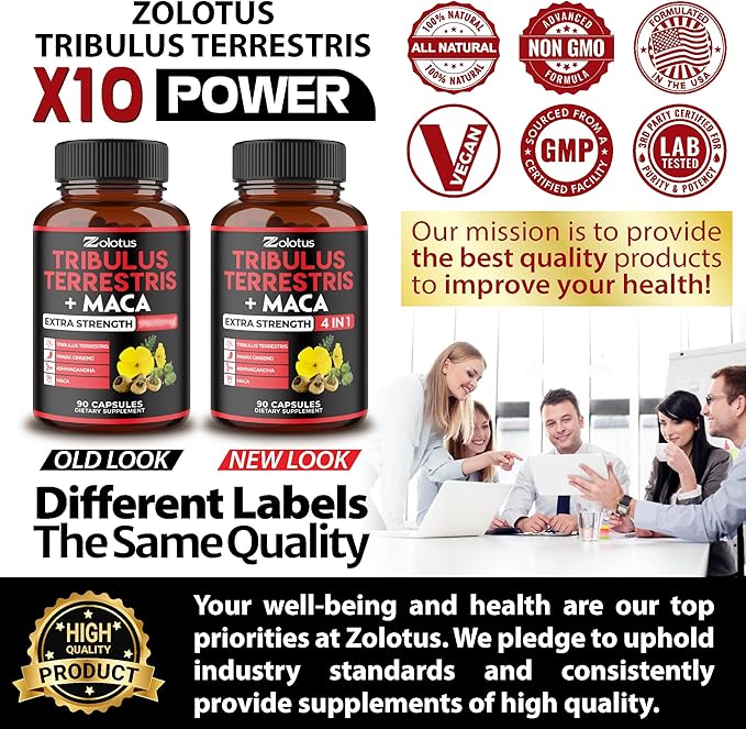Zolotus Premium Tribulus Terrestris Capsules - 9600mg Per Serving - Combined with Ashwagandha, Panax Ginseng & Maca - Boost Energy, Mood, Stamina & Immune - 90 Counts for 3 Months