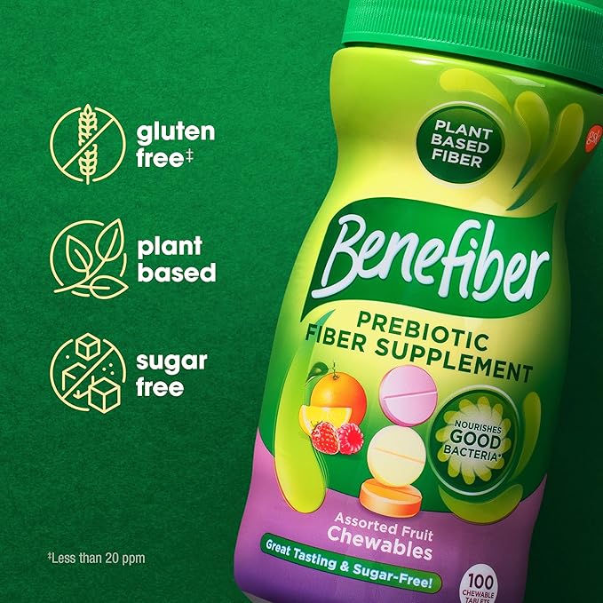 Benefiber Chewable Prebiotic Fiber Supplement Tablets for Digestive Health, Assorted Fruit Flavors - 100 Count