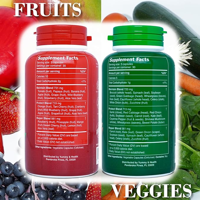 Yummy & Health Fruits and Veggies Capsules β 90 Fruit + 90 Veggie | Superfood Supplement for Energy, Immune Support, Vitamins & Essential Minerals | Vegan, Non-GMO, Gluten-Free