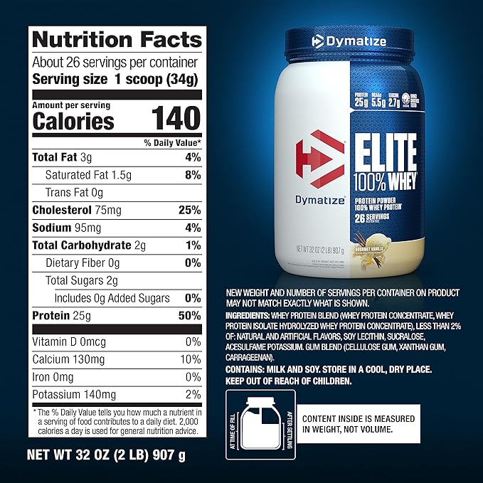Dymatize Elite 100% Whey Protein Powder, L-Leucine, Quick Absorbing & Fast Digesting for Optimal Muscle Recovery, Gourmet Vanilla, 32 Oz