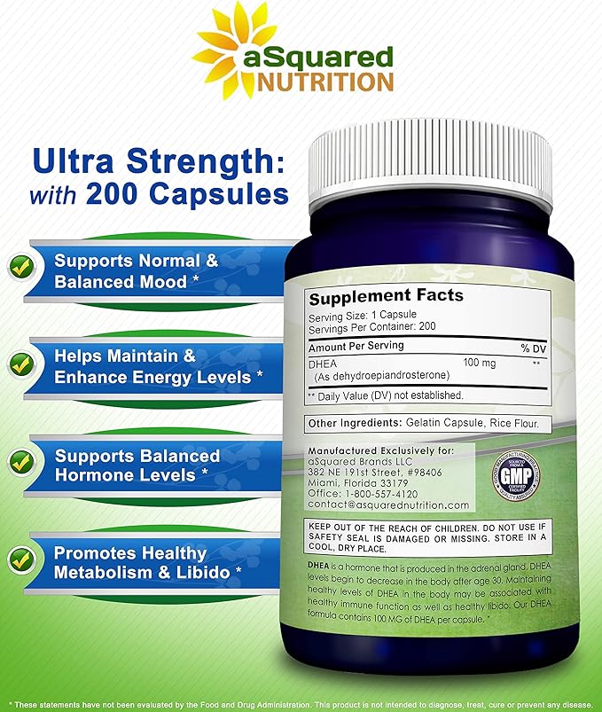 DHEA (100mg Max Strength, 200 Capsules) to Promote Balanced Hormone Levels for Women & Men - Natural DHEA Supplement Pills to Support Healthy Metabolism, Libio, Brain, Immune Function & Pure Energy
