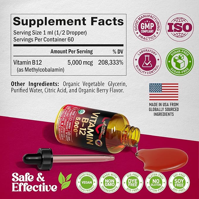 USDA Organic Vitamin B12 Sublingual Drops - 5000 mcg Liquid Vegan Methylcobalamin for Women & Men - Energy Boost, Focus & Mood, Brain Health Support - Maximize Absorption - 2 Month Supply, 2 fl oz
