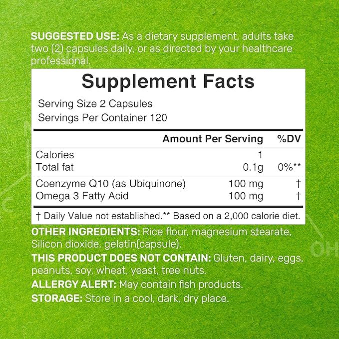CoQ10 100mg, 240 Capsules – with Omega 3 Fatty Acid 100mg – Bioavailable Coenzyme Q10 Supplements – Heart, Energy, & Brain Health Antioxidant Support – Non-GMO