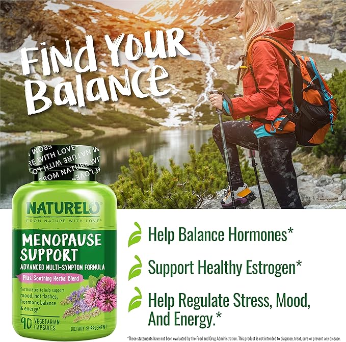 NATURELO Menopause Supplements for Women, Herbal Blend with Black Cohosh for Menopause Hot Flashes Advanced Estrogen Multi-Symptom Formula 90 Capsules