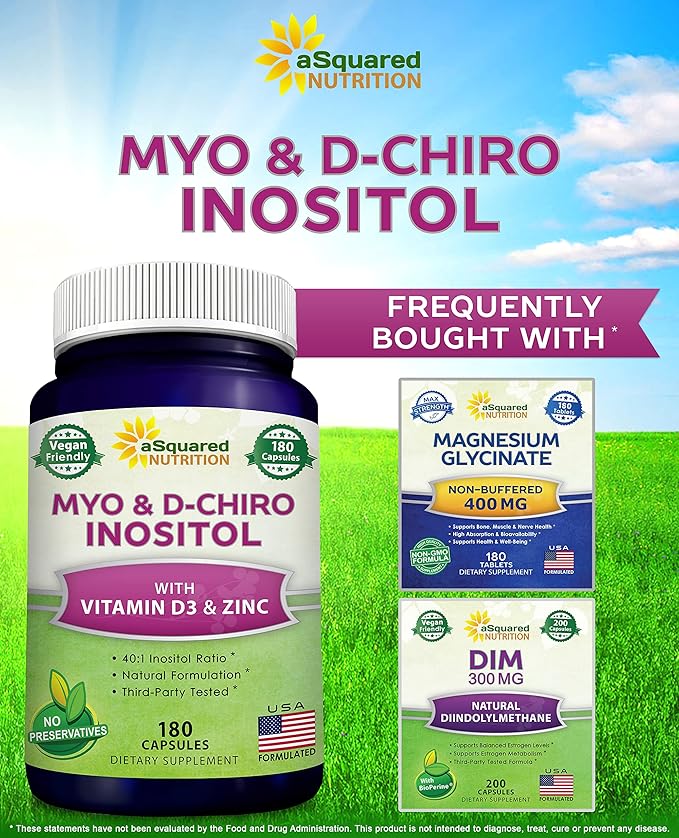 aSquared Nutrition Myo-Inositol & D-Chiro Inositol Supplement - 180 Capsules - Plus Vitamin D3 and Zinc - Myo & D-Chiro Inositol 40 to 1 Ratio - VIT B8 Complex Pills