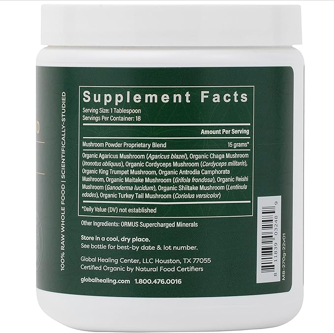 Global Healing Organic Mushroom Powder Supplement Blend 9.5 Ounces - Cordyceps, Chaga, Reishi, Turkey Tail Mushroom for Immune and Gut Health - Nootropic Focus Supplement Superfood