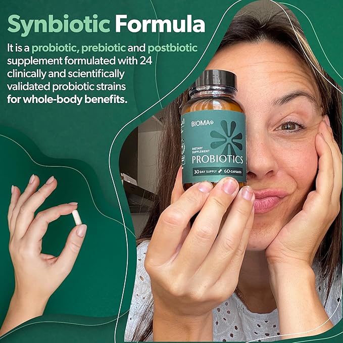BIOMA Probiotics for Digestive Health, 3 in 1 Gut Health Probiotics and Prebiotics/Postbiotics, Slow Release Synbiotic Probiotic Capsules for Complete Gut Harmony Probiotic Multi Enzyme (180 Caps)
