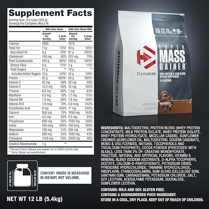 Dymatize Super Mass Gainer Protein Powder, 1280 Calories & 52g Protein,10.7g BCAAs, Mixes Easily, Tastes Delicious, Rich Chocolate, 12 lbs