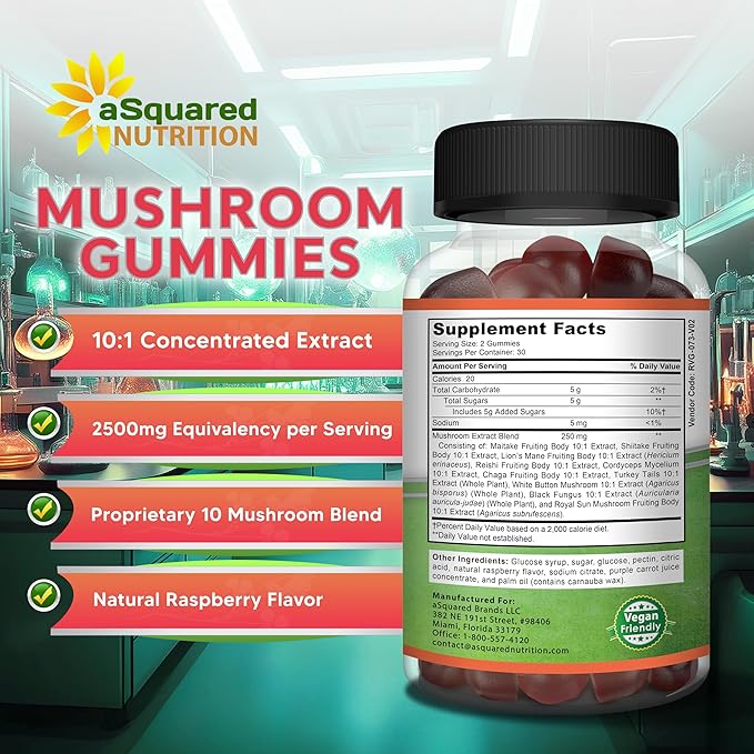 aSquared Nutrition Mushroom Gummies - 10x Complex Supplement - Lions Mane, Turkey Tail, Reishi, Cordyceps, Chaga - Energy, Focus, Immune Support for Men & Women - Replace Powder, Capsules & Pills