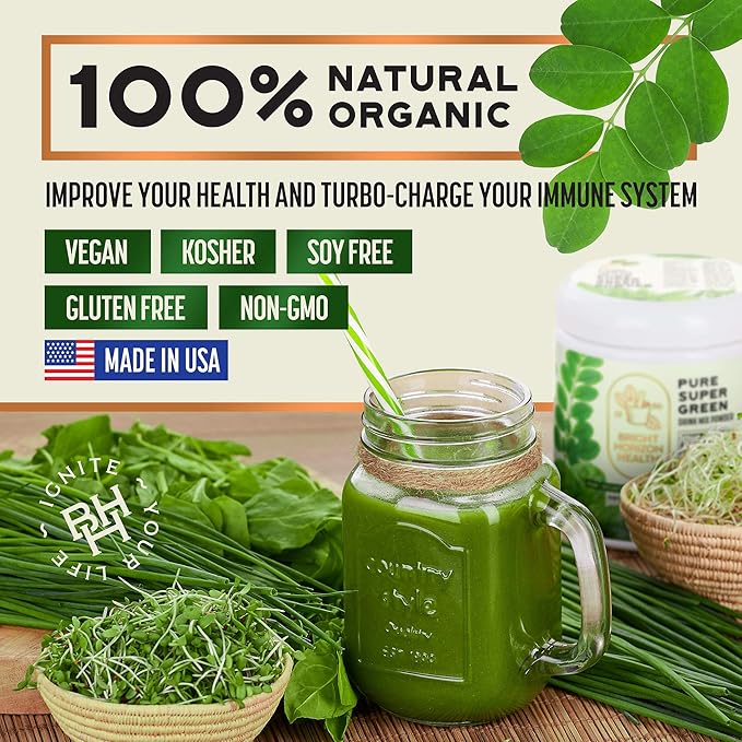 Bright Horizon Health Pure Super Green Juice Powder with 7 Super Green to Boost Energy, Digestive Enzymes, pH Balance, Detox – Natural, 8oz