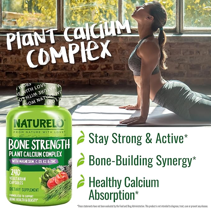 NATURELO Calcium Supplement - with Vitamin C, Vitamin D3, K2, and Calcium Magnesium Zinc for Bone Strength with Calcium 600mg - Plant-Based, 240 Vegetarian Capsules, Non-GMO, Soy & Gluten-Free