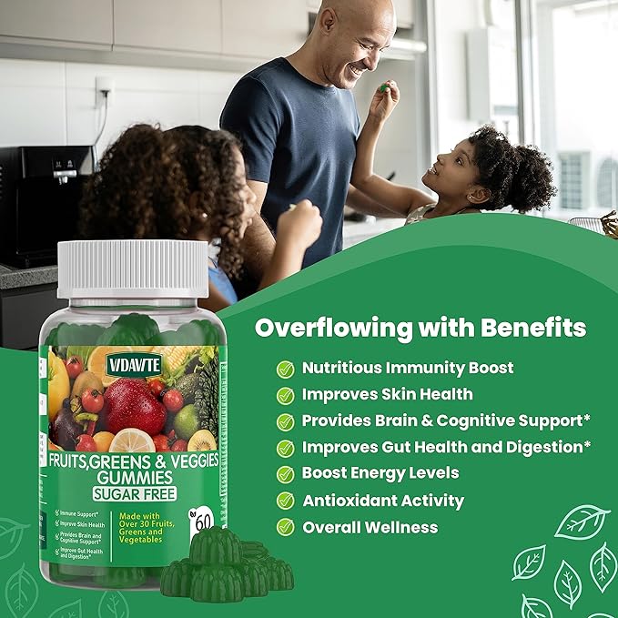 Sugar-Free Fruit and Veggie Gummies — 35+ Greens, Fruit and Vegetable Vitamins to Boost Immunity, Skin & Gut Health — Ideal Fruit and Vegetable Supplement for Adults & Kids (60 Gummies)