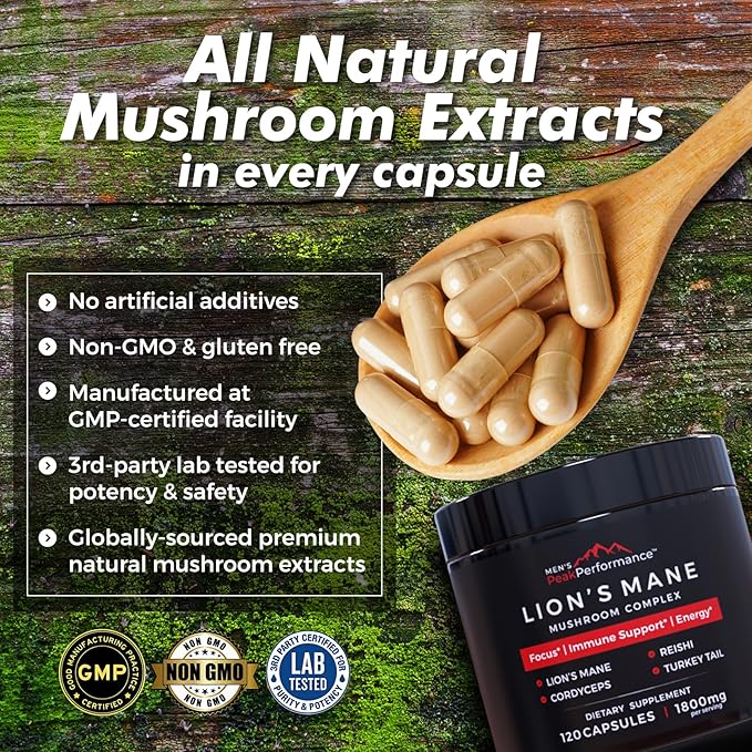 MEN'S PeakPerformance Lion's Mane Mushroom Supplement Capsules with Reishi, Cordyceps, Turkey Tail – Brain Nootropic for Memory, Focus, Natural Energy, & Immune Support Supplement (120 Capsules)