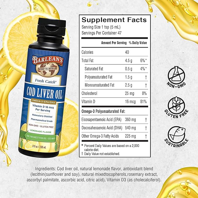 Barlean's Cod Liver Oil Liquid Supplement, Omega 3 Fish Oil with 900mg EPA and DHA Plus Vitamin D, Supplements for Joint, Brain, and Heart Health Support, Lemonade Flavor, 8 oz