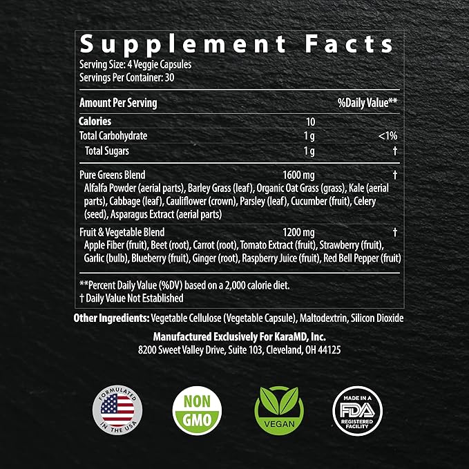 KaraMD Pure Nature | Greens, Fruits & Vegetables Whole Food Supplement | Vitamins, Fiber & Antioxidants | Support Energy & Digestion | Non-GMO, Gluten Free & Vegan Friendly | 4 Pack