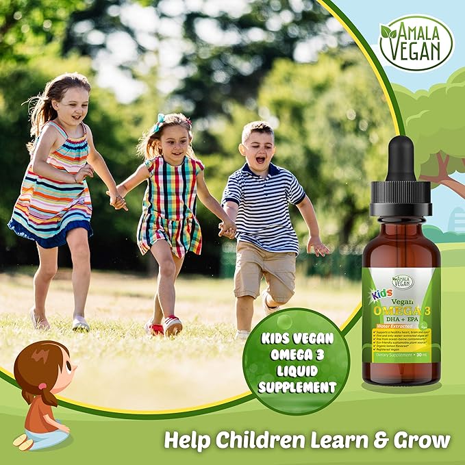 Omega 3 for Kids - Organic Lemon, Vegan, Liquid Supplement - Kids Fish Oil with DHA, EPA, DPA Fatty Acids - Plant Based Algae Oil - Immune, Heart, Brain Health for Children- 30-60 Doses