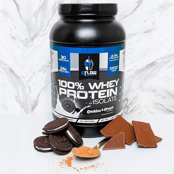 eFlow Nutrition 100% Whey Protein Isolate - Lactose-Free Digestive Enzymes Added, Low Carb, Post Workout Shake, Fast Digesting for Optimal Muscle Recovery - Cookies & Cream (26 Servings)