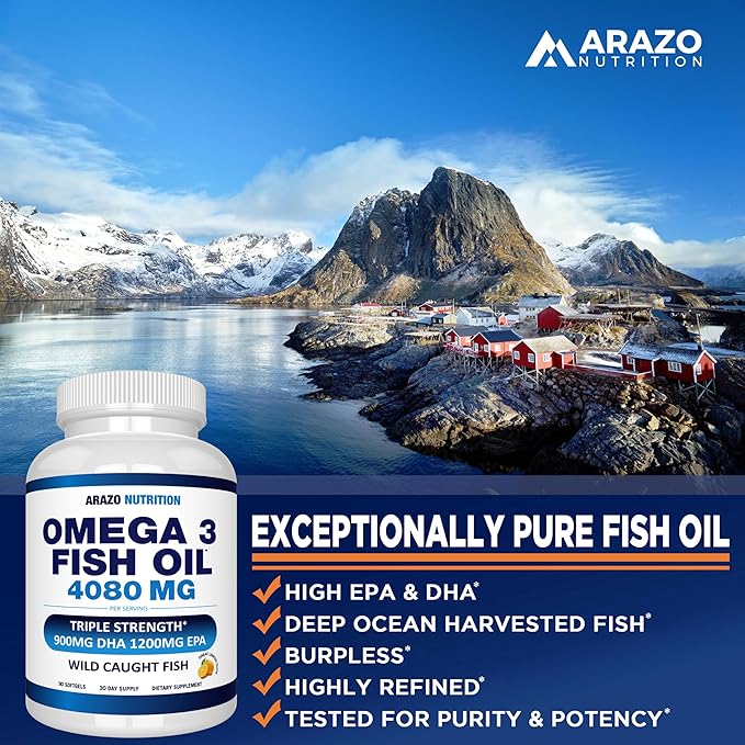 Arazo Nutrition Wild Caught Omega 3 Fish Oil – 90 Soft Gels – 4,080mg High EPA 1200mg DHA 900mg Lemon Flavor Burpless Softgels