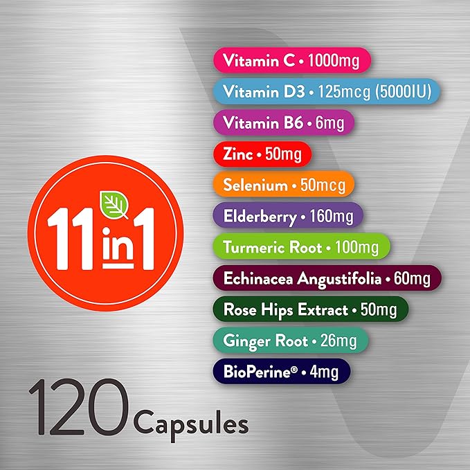 11 in 1 Multivitamin Immune Defense Supplement - Immune Booster Capsules with Vitamin D3, Vitamin B6, Echinacea, Turmeric, Rose-HIPS, Selenium, BioPerine, Ginger, Elderberry Vitamin C and Zinc