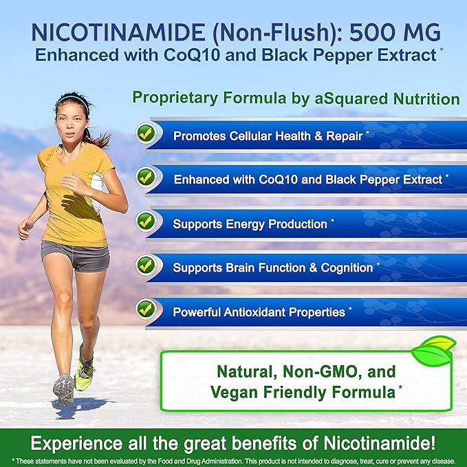 Nicotinamide with CoQ10 (120 Capsules) - Vitamin B3 500mg (Niacinamide Flush Free) - Coenzyme Q10 Powder - VIT B-3 & Coq 10 Supplement Pills to Support Energy, NAD, & Skin Cell Health