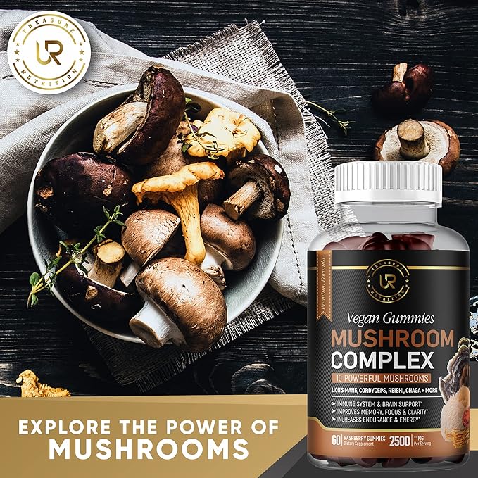 Mushroom Gummies | 10 Mushroom Supplement | 2 pack | Turkey Tail, Chaga, Reishi, Cordyceps & Lions Mane Organic Mushroom Extracts, Nootropic Brain Booster for Focus, Memory, Clarity, Energy | 120ct