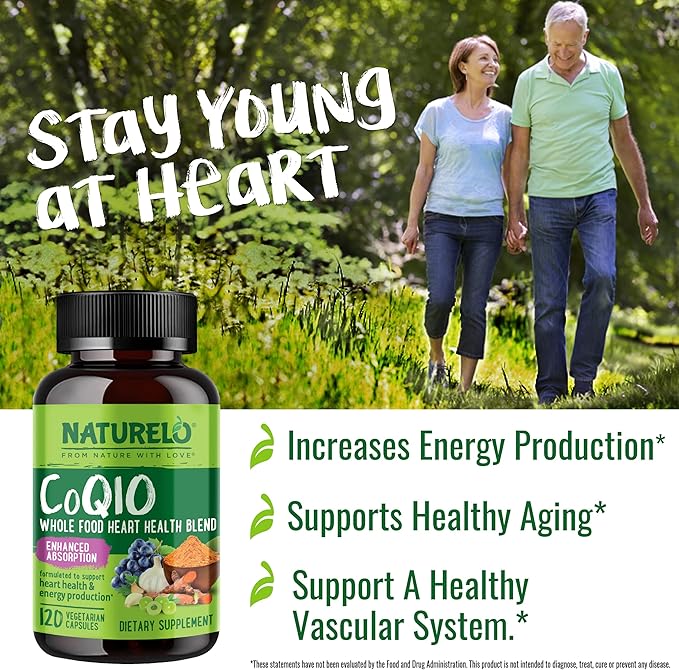 NATURELO Whole Food CoQ10 with Heart Health Blend, Powerful Antioxidant for Energy Production, 120 Capsules