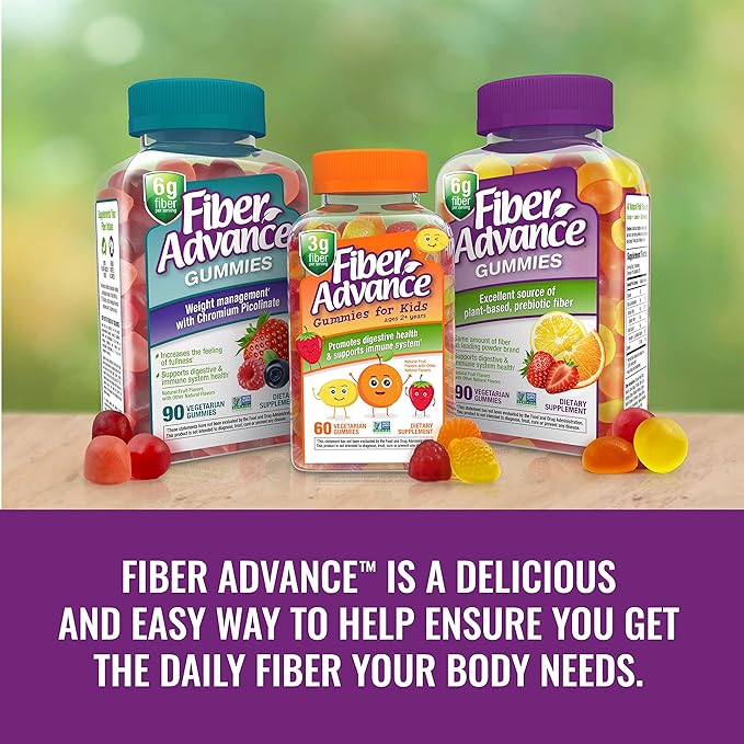 Fiber Advance Gummies | 100% Plant Based Fiber Supplement for Digestive Health | Chicory Root Inulin Prebiotic Gummies | Gluten Free, Vegetarian, & Non-GMO (Kids 3-Pack)