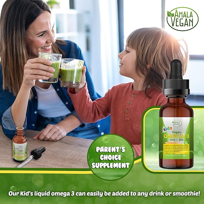 Omega 3 for Kids - Organic Lemon, Vegan, Liquid Supplement - Kids Fish Oil with DHA, EPA, DPA Fatty Acids - Plant Based Algae Oil - Immune, Heart, Brain Health for Children- 30-60 Doses