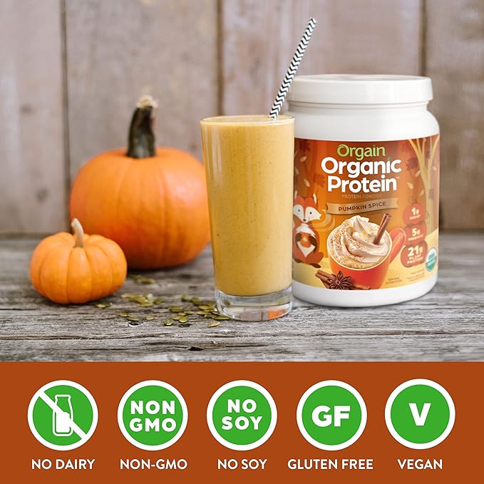 Orgain Organic Vegan Protein Powder, Pumpkin Spice - 21g of Plant Based Protein, Non Dairy, Gluten Free, 1g of Sugar, Soy Free, Kosher, Non-GMO, 1.02 Lb (Packaging May Vary)