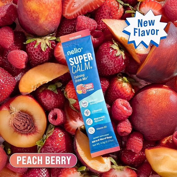 Supercalm Drink Mix - Ashwagandha KSM 66, Magnesium Glycinate & L-Theanine Supplement - Ashwagandha Root Extract - Focus and Relaxation Support (20 Travel Packets) - Peach Berry
