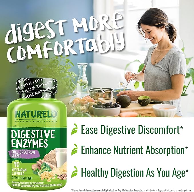 NATURELO Digestive Enzymes - Full Spectrum Support with a Broad Blend of 15 Enzymes Plus Ginger - 180 Vegan Capsules