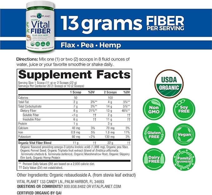 Vital Planet - Vital Fiber Powder, Soluble and Insoluble Fiber Supplement with Flax, Pea and Hemp, Organic Daily Dietary Supplement Supports Gut Digestive Regularity 7.76 oz