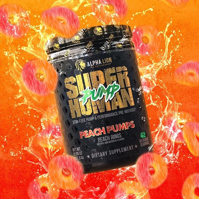 ALPHA LION Superhuman Pump Pre Workout Powder, Nootropic Caffeine & Stim Free Preworkout Supplement, Nitric Oxide Booster, Muscle Gainer, Energy & Focus (42 Servings, Peach Pumps Flavor)