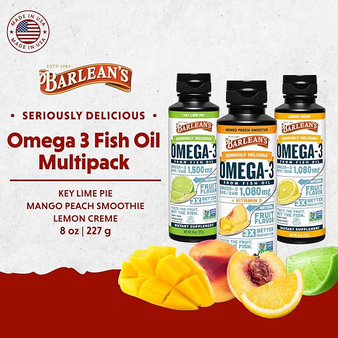 Barlean's Omega 3 Fish Oil Liquid Supplement Pack of 3, EPA and DHA Fatty Acid, Smoothie Flavored for Brain, Joint, and Heart Health, Includes Key Lime Pie, Lemon Crème and Mango Peach Flavors, 8 oz
