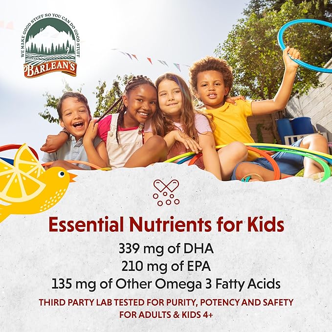 Barlean's Omega Pals Chirpin' Slurpin' Omega 3 for Kids, Yummy Lemonade Flavored Children's Liquid Fish Oil Supplement with 540 mg of EPA and DHA for Brain and Eye Health, 8 oz