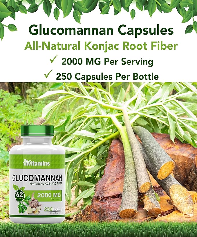 Glucomannan Capsules 2000 MG - 250 Count | Natural Konjac Root Fiber Extract Powder Supplement | Soluble, Dietary, & Digestive Fiber Pills | Produced in The USA | Non-GMO & Gluten Free