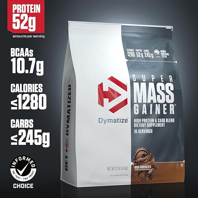 Dymatize Super Mass Gainer Protein Powder, 1280 Calories & 52g Protein,10.7g BCAAs, Mixes Easily, Tastes Delicious, Rich Chocolate, 12 lbs