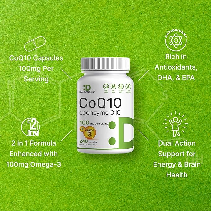 CoQ10 100mg, 240 Capsules – with Omega 3 Fatty Acid 100mg – Bioavailable Coenzyme Q10 Supplements – Heart, Energy, & Brain Health Antioxidant Support – Non-GMO