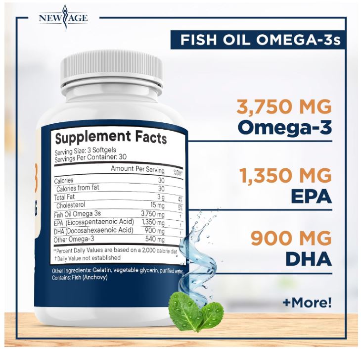 Triple Strength Omega 3 Fish Oil 3750 mg - EPA & DHA - Over 3000mg Omega-3 Fatty Acids - 1350mg EPA + 900mg DHA - Best Essential Fatty Acids, Burpless Fish Oil - 270 Count