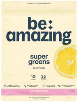 Be Amazing be Amazing Super Greens Powder with Prebiotics, Digestive Enzymes & Antioxidants | 18 Fruits & 8 Veggies | Gluten-Free Juice & Smoothie Mix | Pink Lemonade, 30 Servings, 342 g