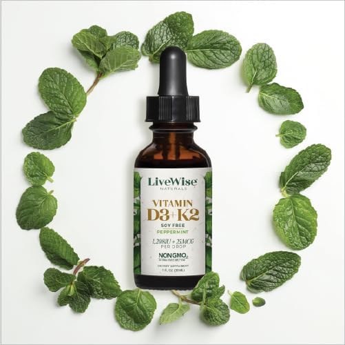 LiveWise Naturals Vitamin D3 with K2 Liquid Drops, All Natural, Non-GMO, USA Made, 1208 IU Vitamin D3 & 25 mcg K2, Supports Bone Health and Energy Levels, Infused with Peppermint, Olive, and MCT Oil