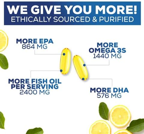 Omega 3 Fish Oil 2400 mg - Triple Strength Omega3, EPA & DHA Fatty Acids Supplement - Natural Support for Immune, Heart & Brain Health - Wild Caught, Non-GMO, Lemon Flavor, Burpless - 120 Softgels
