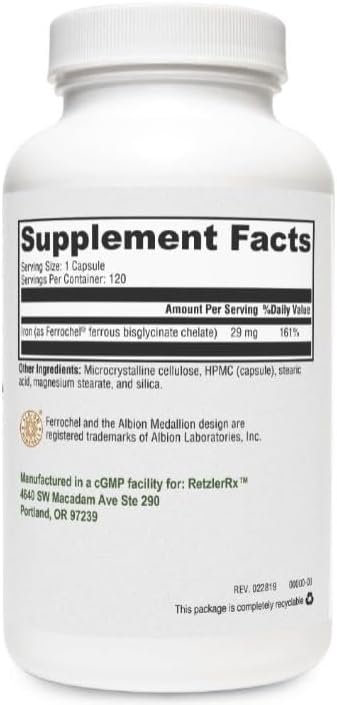 Iron Glycinate 29mg - Gentle, Highly Absorbable Iron Supplement - 120 VCaps with Pharmaceutical Grade Formula - Supports Healthy Ferritin & Hemoglobin Levels