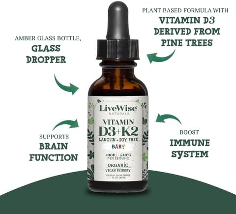 LiveWise Naturals – Baby D3-K2 Liquid Drops, Promotes Brain Development, Bone Health, and Overall Wellness for Kids and Toddlers, Glass Bottles and Droppers, D3 Sourced from Pine Trees