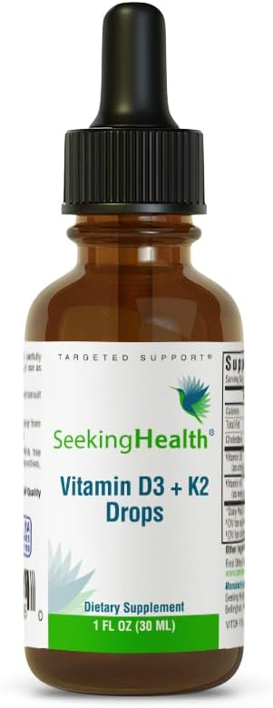 Seeking Health Vitamin D3 + K2 Drops, 12.5 mcg D3 and 50 mcg K2, for Calcium Absorption, Suitable for Kids and Toddlers 4+, Easy to Swallow Vegetarian Drops (1 fl Ounce)