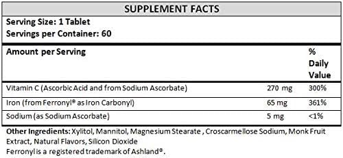 Chewable Iron 65 mg with Vitamin C 270 mg (for Women/Men) |60 Days Supply | - Orange Flavor 60 Count